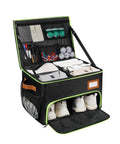 Double Layer Golf Trunk Organizer With Shoe Compartment And Waterproof Storage, Black and Green, open view with gear