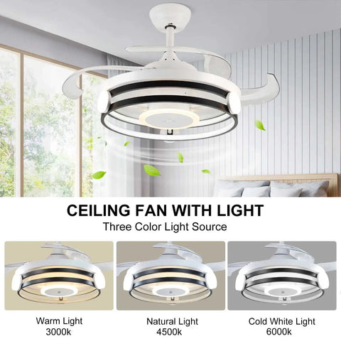 35 Inch Retractable Ceiling Fan With Remote And Lights 30W LED Bladeless Modern Ceiling Fan In Room With Light Modes