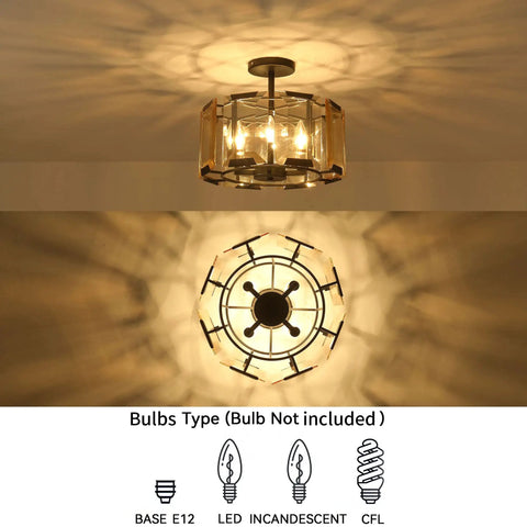 Vintage Crystal Chandelier Dope Round Wagon Wheel Frame 4 Light Matte Black Semi Flush Mount Ceiling Light