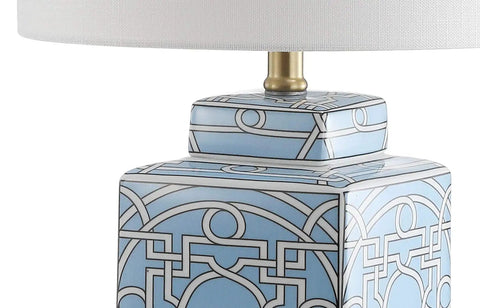 Close-up of Blue White Ceramic Ginger Jar Table Lamp With Square Lattice Chinoiserie Design, White Linen Shade, LED Included