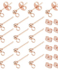 Rose Gold Ball Stud Earrings Pack 30 Hypoallergenic Stainless Steel Posts With Loops And Ear Nuts Dope For Jewelry Making DIY Earrings Crafting 14x3mm Everyday, pack of posts and backs