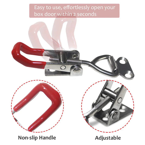 Close-up of Four Pack Toggle Latch Clamps 304 Stainless Steel Quick Release Hand Tools with non-slip red handle and adjustable parts