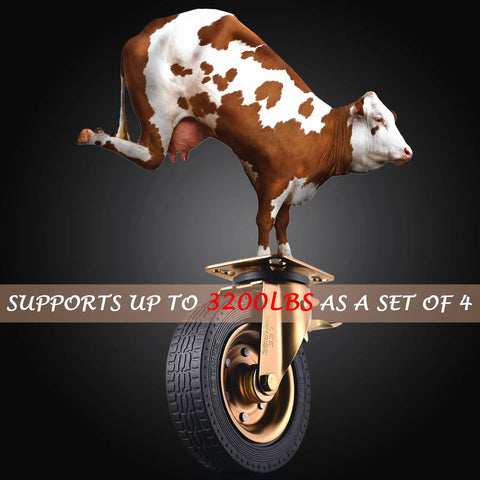 Eight Inch Badass Heavy Duty Casters Set Of Four With Solid Rubber Wheels And Precision Bearings Hella Smooth Industrial Rollers for heavy loads, featuring a cow on orange wheel.