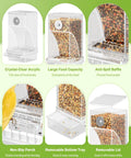 Clear Acrylic Automatic Bird Cage Feeder For Parakeets Budgies And Small Birds, showing large food capacity and removable lid.