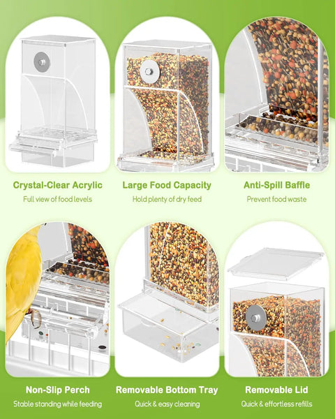 Clear Acrylic Automatic Bird Cage Feeder For Parakeets Budgies And Small Birds, showing large food capacity and removable lid.