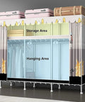 Hella Spacious Portable Wardrobe Closet With Slick Protective Fabric Cover And Sturdy Dual Hanging Rods Plus Generous Storage Shelves For Bulk Clothing And Smart Room Organization with open storage area and hanging section.