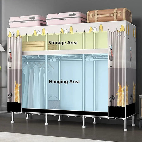Hella Spacious Portable Wardrobe Closet With Slick Protective Fabric Cover And Sturdy Dual Hanging Rods Plus Generous Storage Shelves For Bulk Clothing And Smart Room Organization with open storage area and hanging section.