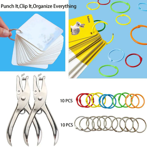 Two Pack Quarter Inch Hole Punch Set with Twenty Binder Rings Ten Silver and Ten Colorful for DIY Crafts and Legit Organization
