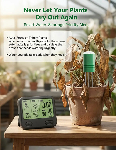 Must Have Wireless Soil Moisture Meter With LCD 3 Probe Sensor in pot displaying temperature, moisture, and light levels