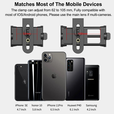 Universal Phone Adapter For Binoculars Monoculars Scopes Telescopes And Microscopes Clip showing phone clamp size compatibility.