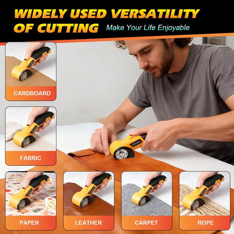 User demonstrating Heavy Duty Cordless Electric Scissors With 3000mAh Battery For Cutting Cardboard Boxes And Packing Tape Fast USB C Rechargeable Power Tool on various materials.