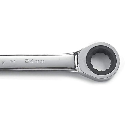 24mm chrome ratcheting wrench with 12-point head, focus on open end, durable steel tool for pros and DIY projects