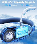 Portable Neck Fan With 5200mAh Battery Bladeless Personal Cooler showing 10W fast charging and 5200mAh capacity inside view.