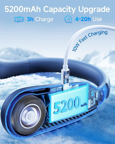 Portable Neck Fan With 5200mAh Battery Bladeless Personal Cooler showing 10W fast charging and 5200mAh capacity inside view.
