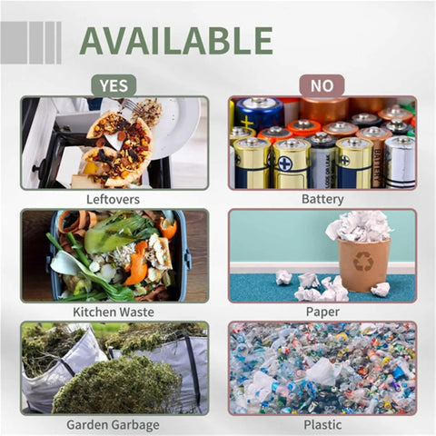 Image showing composting guide with examples of what can be composted (leftovers, kitchen waste, garden garbage) and what cannot (batteries, paper, plastic).