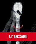 V-Series 38-Piece One Quarter Inch Drive Socket Set With 80-Tooth Low Profile Ratchet showing 4.5-degree arc swing