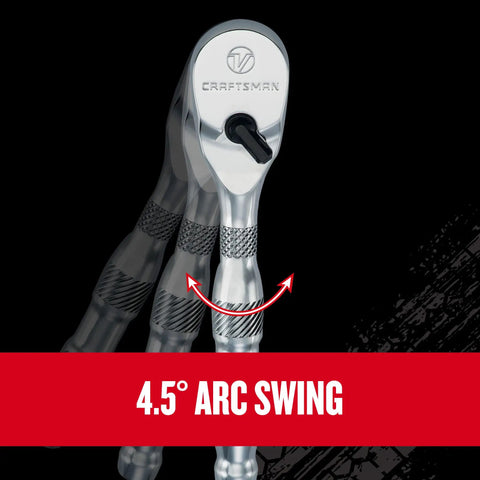 V-Series 38-Piece One Quarter Inch Drive Socket Set With 80-Tooth Low Profile Ratchet showing 4.5-degree arc swing