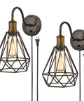 Farmhouse Plug In Wall Sconce Set Of 2 Oil Rubbed Bronze Industrial Gooseneck Lights With Polygon Cage And Easy On Off Switch