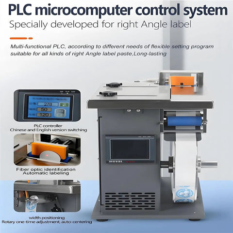 Top Notch Automatic Right Angle Labeling Machine, 90 Degree Corner Applicator with PLC control panel and labeling system.