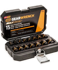 Open case of Fifteen Piece One Quarter Inch And Three Eighth Inch Drive Bolt Biter Impact Extraction Socket Set For Damaged Fasteners With Beefy SAE And Metric Dual Sockets showing sockets
