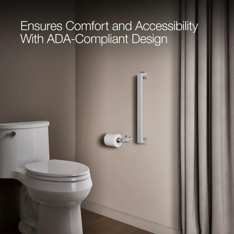 Bathroom with wall-mounted Square 18 Inch Grab Bar With Hardware Included, 300 Lb Capacity, Polished Chrome Finish for safety and ADA compliance.