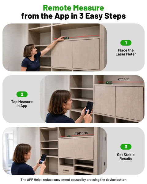 Heavy Duty Dual Laser Distance Meter Serving Up A Solid 395 Foot Range With Slick Phone App Sync and Quick USB C Charge in use measuring wall space.