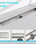 28 Inch Linear Shower Drain With Base, cUPC Certified 304 Stainless Steel, Brushed Nickel Finish, detail of square cover and drain design