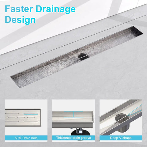 28 Inch Linear Shower Drain With Base, cUPC Certified 304 Stainless Steel, Brushed Nickel Finish, detail of square cover and drain design
