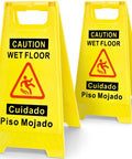 Two Pack Wet Floor Sign 17.5 Inch Tall Bright Yellow Double Sided A Frame Caution Sign For Home And Biz Use With Bilingual Caution Message Great Value Safety Signage, shown front view