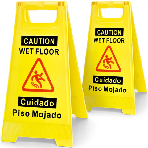 Two Pack Wet Floor Sign 17.5 Inch Tall Bright Yellow Double Sided A Frame Caution Sign For Home And Biz Use With Bilingual Caution Message Great Value Safety Signage, shown front view