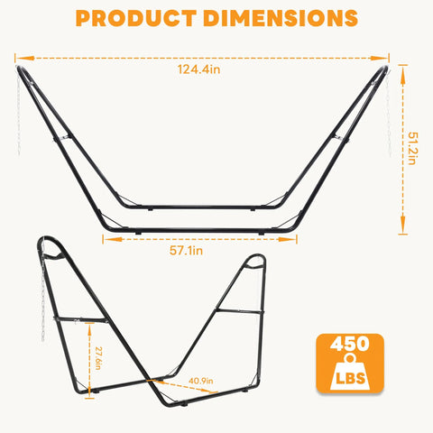 Heavy Duty Double Hammock Stand dimensions showing different angles, 124.4 inches width, 450 pound capacity, tubular steel frame.