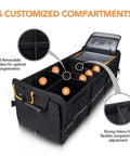 Large Trunk Organizer With Built In Leakproof Cooler Bag 2 Tie Down Straps 4 Removable Dividers Foldable Cover 2mm PE Board Durable 600D Oxford Exterior showing open compartments.
