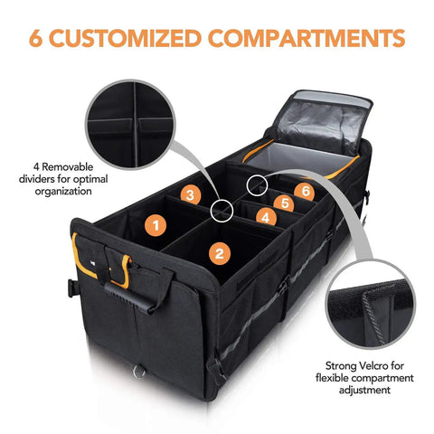 Large Trunk Organizer With Built In Leakproof Cooler Bag 2 Tie Down Straps 4 Removable Dividers Foldable Cover 2mm PE Board Durable 600D Oxford Exterior showing open compartments.