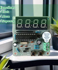 Hands On Soldering Practice Kit For A 4 Bit Clock Project with visible components and display, includes alarm, countdown, stopwatch functions.