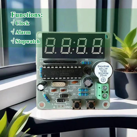 Hands On Soldering Practice Kit For A 4 Bit Clock Project with visible components and display, includes alarm, countdown, stopwatch functions.