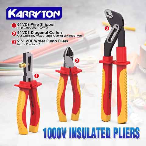 Pro Grade 1000V Insulated Electrician Tool Set 14 Piece VDE Certified Heavy Duty Pliers with colorful rubber grips.