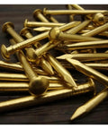 Top Shelf Antique Copper Brass Furniture Nails 2.8 By 35 mm Heavy Duty Hardware Assortment 20 Piece Pack showing round head and sharp tips.