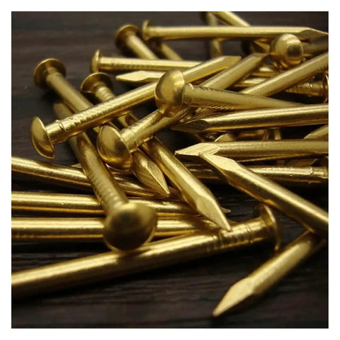 Top Shelf Antique Copper Brass Furniture Nails 2.8 By 35 mm Heavy Duty Hardware Assortment 20 Piece Pack showing round head and sharp tips.