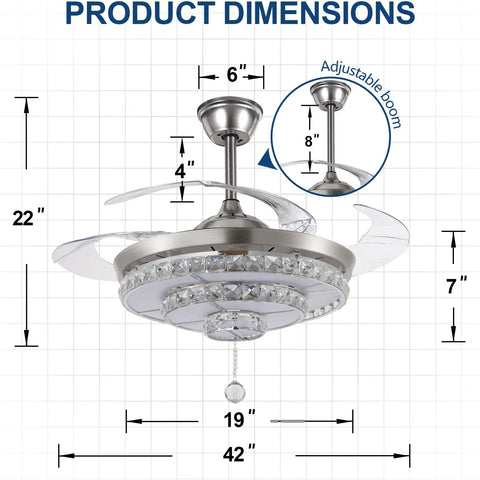 Crystal Ceiling Fan With Lights Retractable Fandelier In Modern Chrome Remote Control 3 Speeds 3 Color Temperatures Noise Free