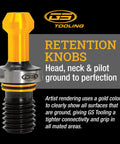 Heavy Duty Cat40 Retention Knob With 5 8 X 11 Drawbar Threads And 45 Degree Angle Radius for CNC milling, showcasing gold and black design.