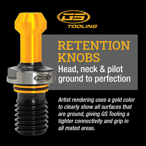 Heavy Duty Cat40 Retention Knob With 5 8 X 11 Drawbar Threads And 45 Degree Angle Radius for CNC milling, showcasing gold and black design.