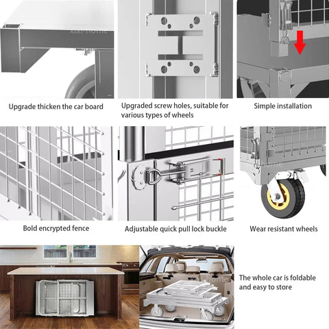 Close-up details of the Heavy Duty Fold Flat Platform Cart With Reinforced Cage, highlighting installation and features.