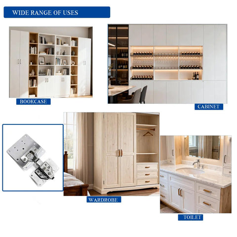 Image showcasing Rock Solid Stainless Steel Cabinet Hinge Repair Plates With Mounting Screws To Kick Rotted Wood Hinges and Fix Wobbly Kitchen Cupboards in various furniture uses.