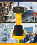 Rugged Industrial Bluetooth Barcode Scanner With QR And 2D And 1D Capability, shown in various industrial settings, with charging stand.