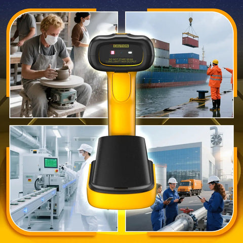 Rugged Industrial Bluetooth Barcode Scanner With QR And 2D And 1D Capability, shown in various industrial settings, with charging stand.