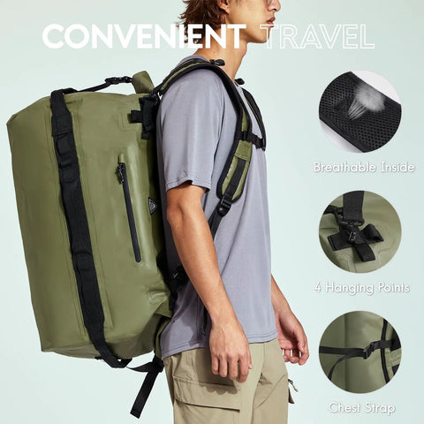 Person wearing Waterproof Duffel Backpack 60L Heavy Duty Dry Gear Bag For Camping Boating And Outdoor Travel For Men And Women Tough As Nails Roll Up Duffle With IPX7 Waterproof Seal And Reinforced Seams Army Green