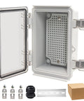Open Weatherproof IP67 Electrical Junction Box With Mounting Plate 15 x 11 x 5.1 Inches with accessories displayed