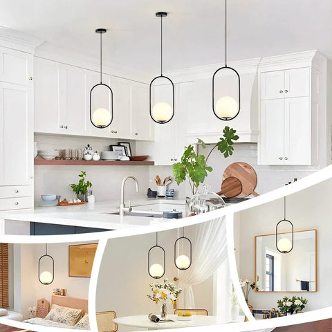 Modern Black Pendant Light With White Glass Globe Shade For Kitchen Island And Bedroom Matte Finish Ceiling Fixture