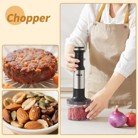 Workhorse 800 Watt Corded Handheld Stick Blender With Five Piece Kitchen Bundle featuring the chopper in use with nuts.