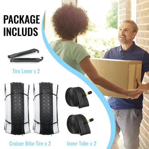 2 Pack Cruiser Bike Tire Set With Folding 26x2.125 Inch Tires Inner Tubes And Tire Levers Replacement Kit contents displayed.